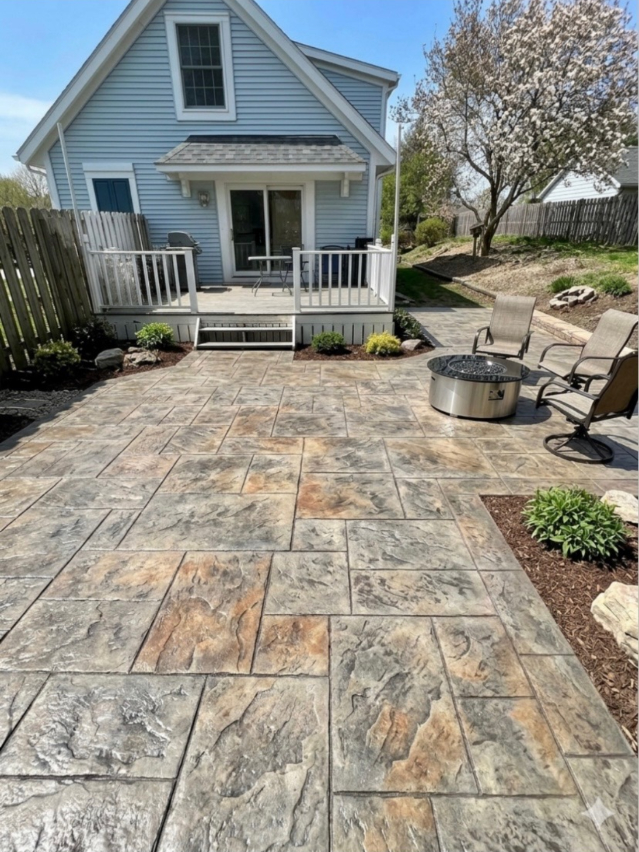 Multi-tone stamped concrete backyard patio